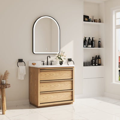 36 Inch Oak Soild Wood Bathroom Vanity with Single Undermount Sink, 3 Dovetail-constructed Drawers