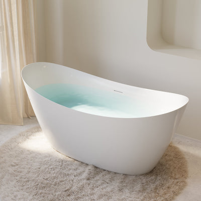 66" Acrylic Freestanding Soaking Bathtub Contemporary Soaking White Tub with Overflow and Drain