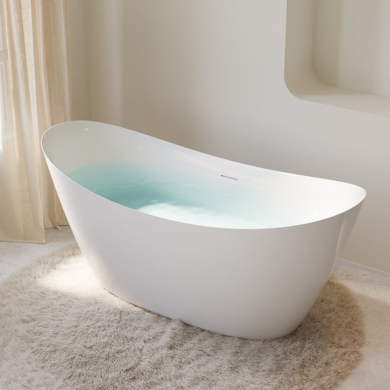 66" Acrylic Freestanding Soaking Bathtub Contemporary Soaking White Tub with Overflow and Drain