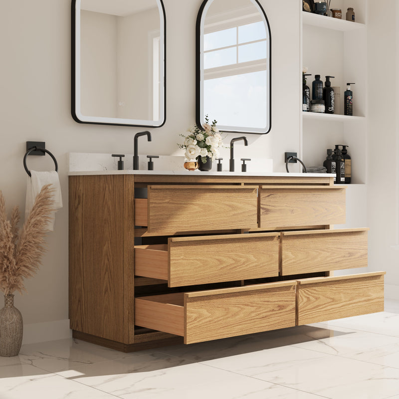 60 Inch Oak Soild Wood Bathroom Vanity with Double Undermount Sinks, 6 Dovetail-constructed Drawers