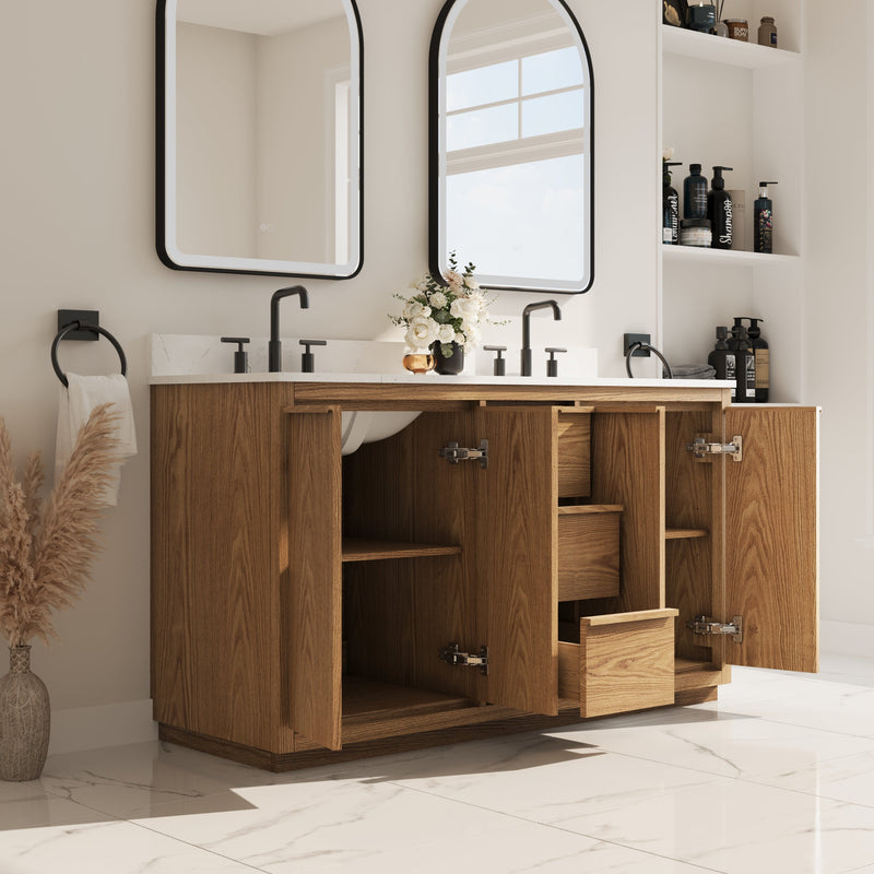 60 Inch Oak Soild Wood Bathroom Vanity with Double Undermount Sinks, 3 Dovetail-constructed Drawers and 4 Soft-close Doors