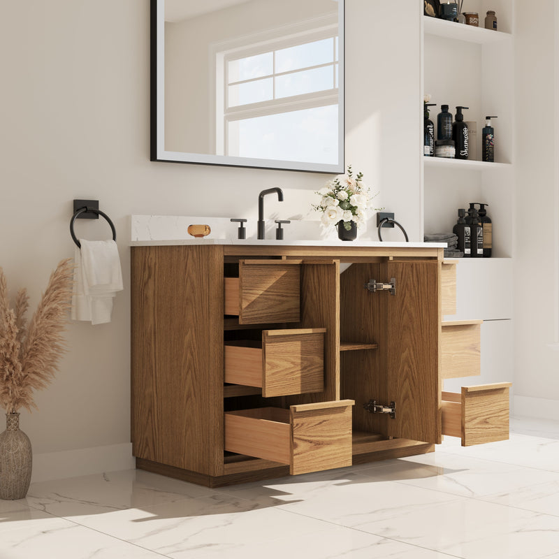 48 Inch Oak Soild Wood Bathroom Vanity with Sink, 6 Dovetail-constructed Drawers and 2 Soft-close Doors