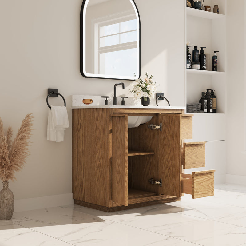 36 Inch Oak Soild Wood Bathroom Vanity with Sink, 3 Dovetail-constructed Drawers and 2 Soft-close Doors