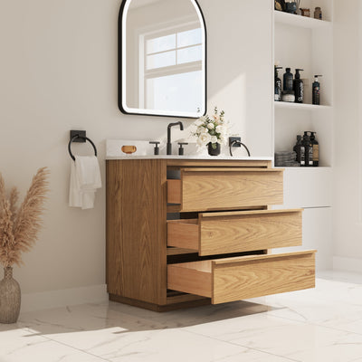 36 Inch Oak Soild Wood Bathroom Vanity with Single Undermount Sink, 3 Dovetail-constructed Drawers