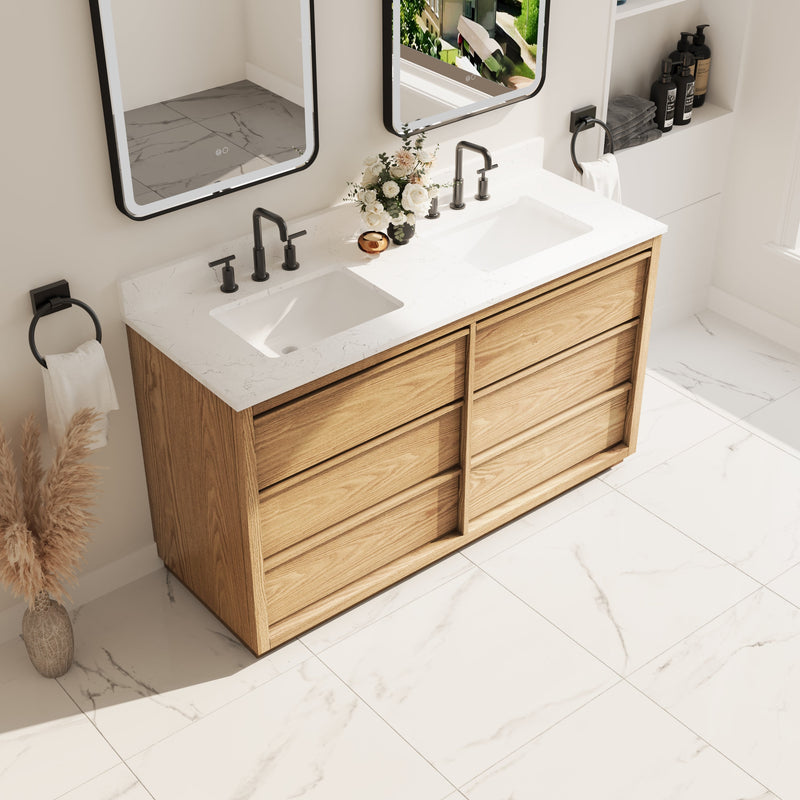 60 Inch Oak Soild Wood Bathroom Vanity with Double Undermount Sinks, 6 Dovetail-constructed Drawers