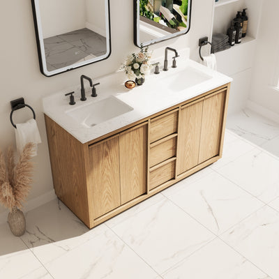 60 Inch Oak Soild Wood Bathroom Vanity with Double Undermount Sinks, 3 Dovetail-constructed Drawers and 4 Soft-close Doors