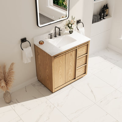 36 Inch Oak Soild Wood Bathroom Vanity with Sink, 3 Dovetail-constructed Drawers and 2 Soft-close Doors