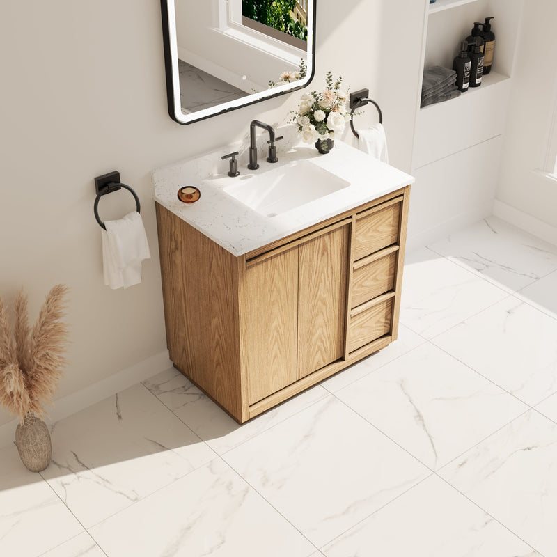 36 Inch Oak Soild Wood Bathroom Vanity with Sink, 3 Dovetail-constructed Drawers and 2 Soft-close Doors