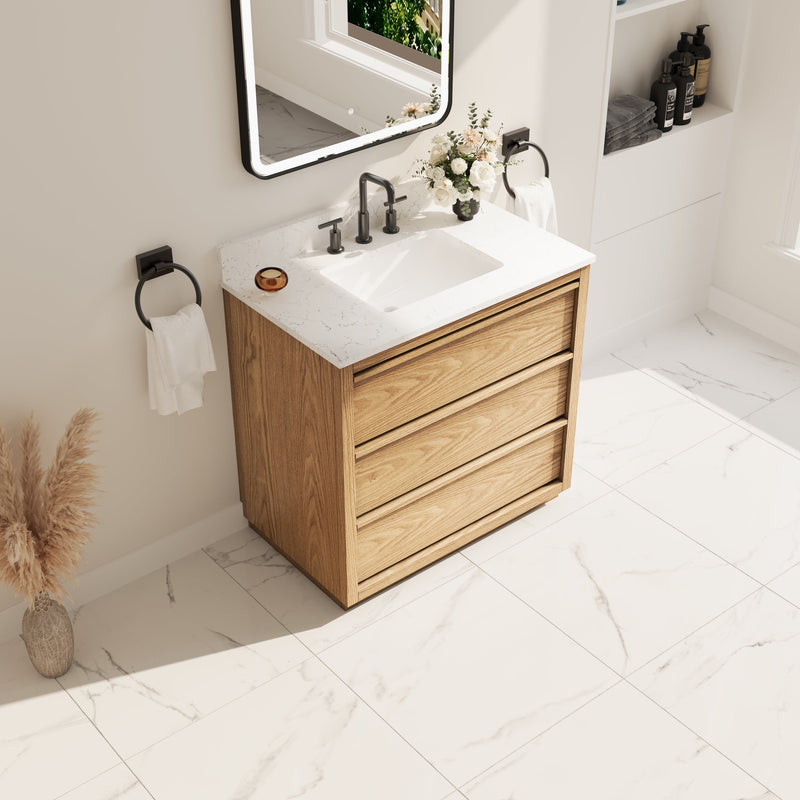 36 Inch Oak Soild Wood Bathroom Vanity with Single Undermount Sink, 3 Dovetail-constructed Drawers