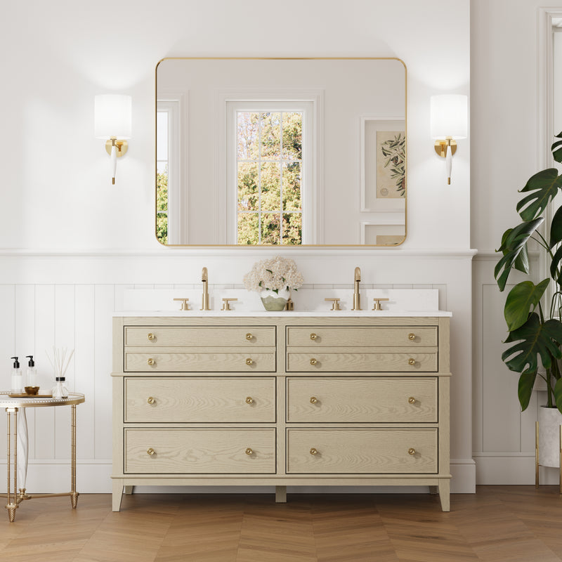 60 in. OAK Double Sinks Freestanding Solid Wood Bathroom Vanity Storage Organizer with Carrara White Quartz Countertop