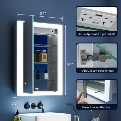 24 in. x 32 in. Lighted LED Anti-fog Surface/Recessed Mount Silver Mirrored Soft Close Left Medicine Cabinet
