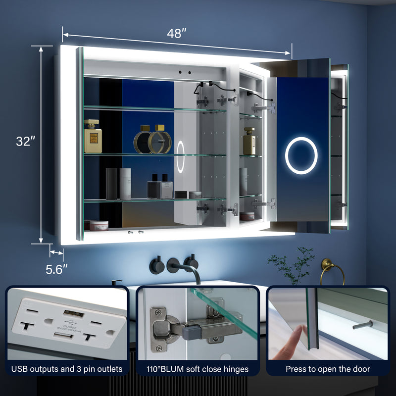 48 in. x 32 in. LED Lighted Anti-fog Mirror Medicine Cabinet Surface/Recessed Mount, Soft Close, 3X Magnifier