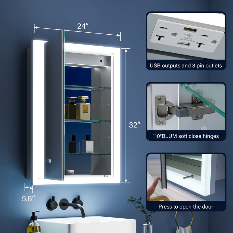 24 in. x 32 in. Lighted LED Anti-fog Surface/Recessed Mount Silver Mirrored Soft Close Left Medicine Cabinet