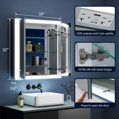 30 in. x 32 in. LED Lighted Anti-fog Mirror Medicine Cabinet Surface/Recessed Mount, Soft Close, 3X Magnifier