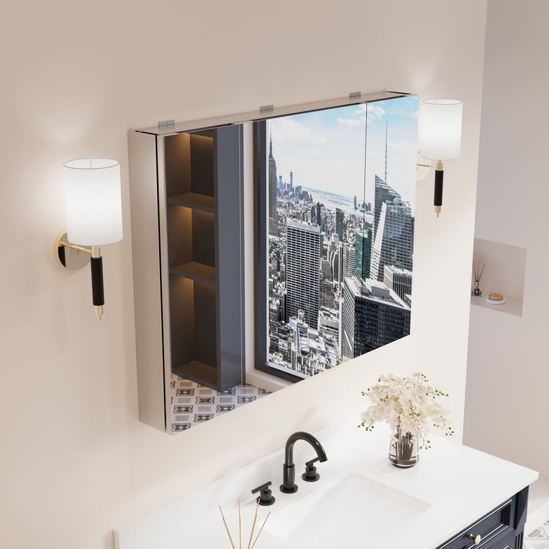 40 in.x 30 in. Copper-Free Tri-Views Mirror Cabinet with Adjustable Shelves and Triple Swing Doors