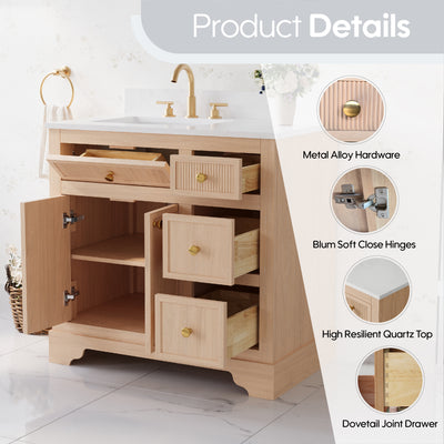 36-Inch Freestanding Bathroom Vanity with Carrera White Top Sink-LIGHT WOOD