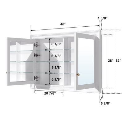 48 in.W x 32 in.H Recessed Solid Wood Bathroom Medicine Cabinet with Mirror in White