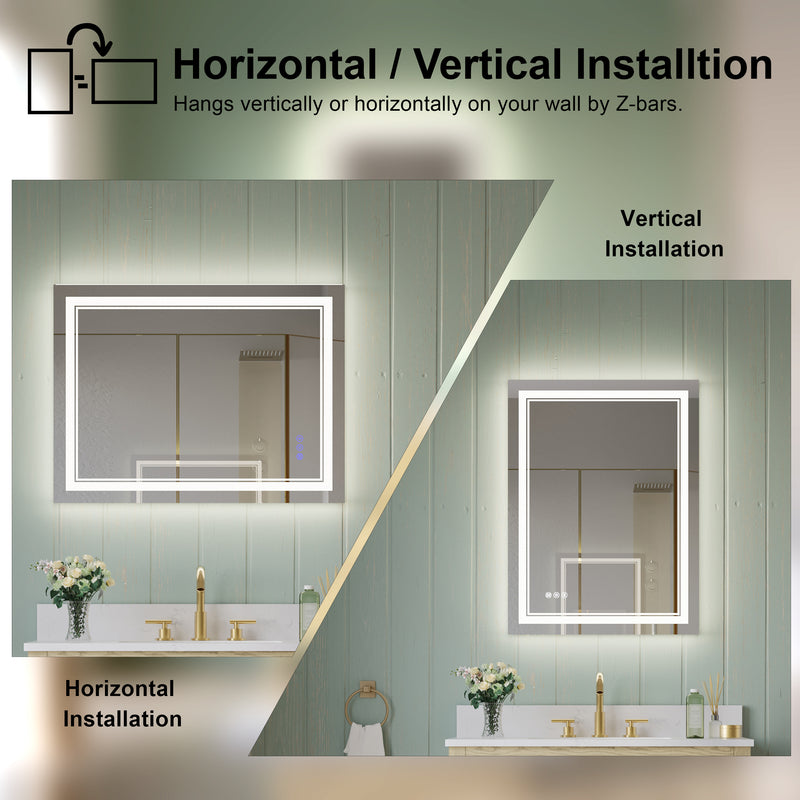24 in. W x 32 in. H Frameless Bathroom Mirror with Lights, Frontlit & Backlit Vanity Mirror with Anti-Fog