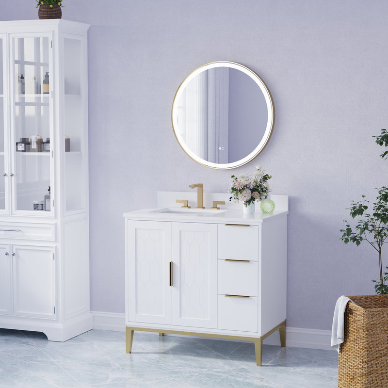 28 in.  W x 28 in.  H Brushed Gold Framed Round LED Light Bathroom Vanity Mirror