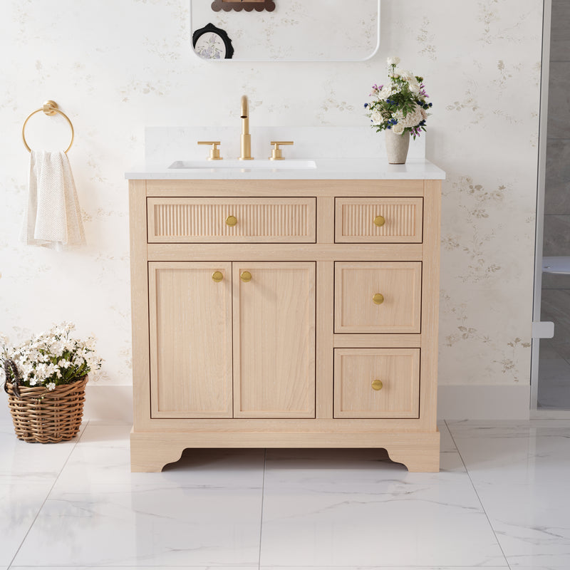 36-Inch Freestanding Bathroom Vanity with Carrera White Top Sink-LIGHT WOOD