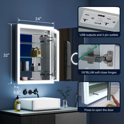 24 in. x 32 in. Lighted LED Anti-fog Surface/Recessed Mount Silver Mirrored Soft Close Right Medicine Cabinet