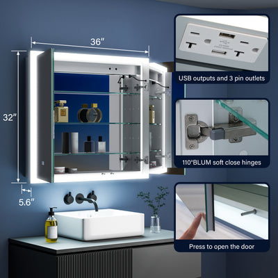 36 in. x 32 in. LED Lighted Anti-fog Mirror Medicine Cabinet Surface/Recessed Mount, Soft Close, 3X Magnifier