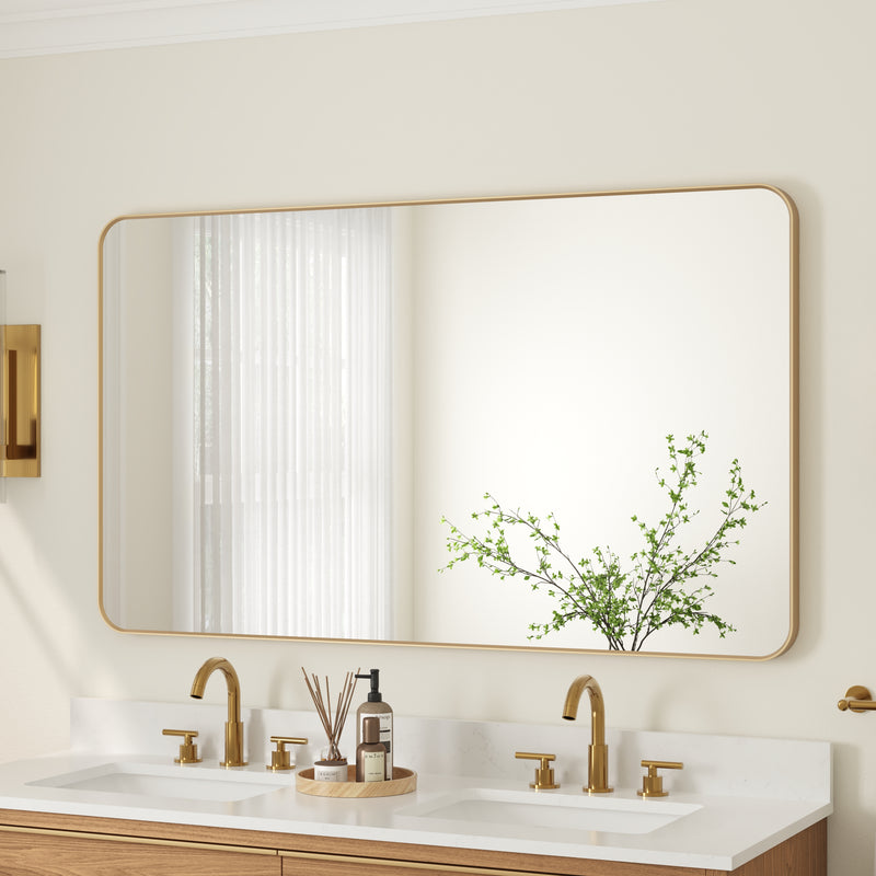 55-in W x 32-in H Brushed Gold Rectangular Framed Bathroom Vanity Mirror