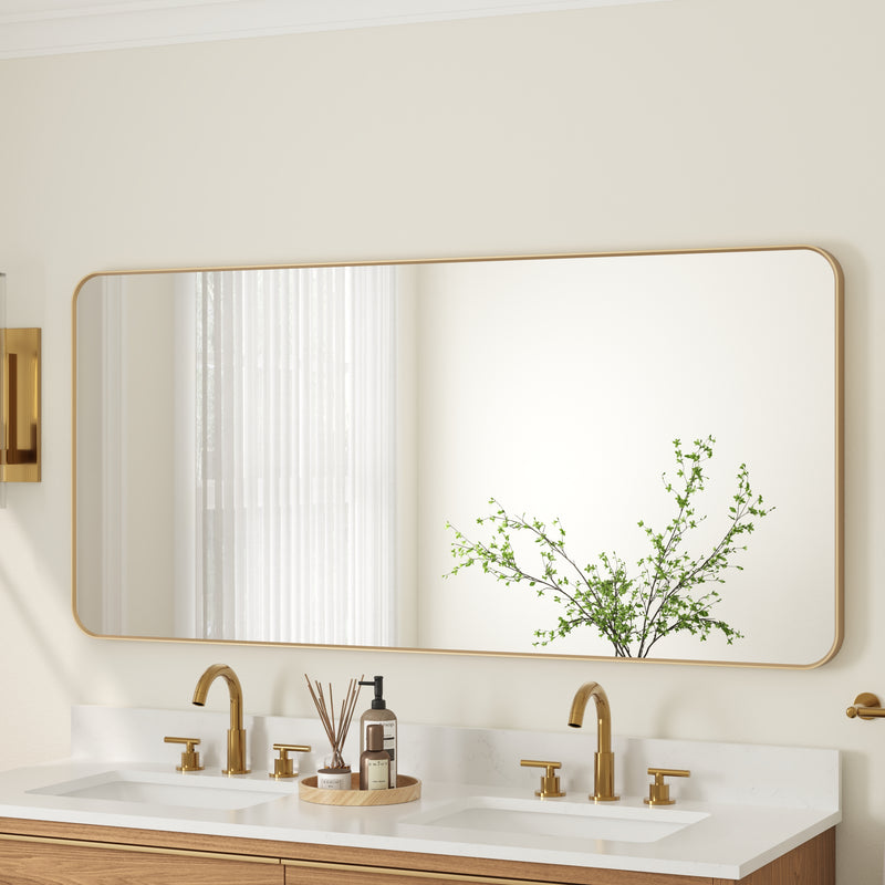 60-in W x 28-in H Brushed Gold Rectangular Framed Bathroom Vanity Mirror