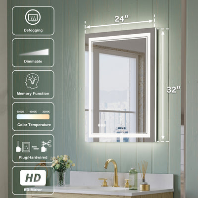 24 in. W x 32 in. H Frameless Bathroom Mirror with Lights, Frontlit & Backlit Vanity Mirror with Anti-Fog