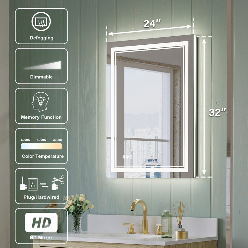24 in. W x 32 in. H Frameless Bathroom Mirror with Lights, Frontlit & Backlit Vanity Mirror with Anti-Fog