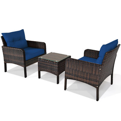 3 Pieces Outdoor Patio Rattan Conversation Set with Seat Cushions