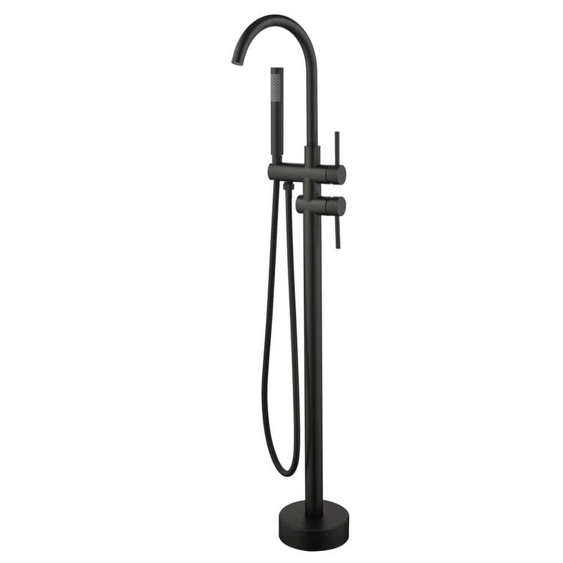 2-Handle Freestanding Floor Mount Bath Tub Filler Faucet with Handheld Shower in Matte Black