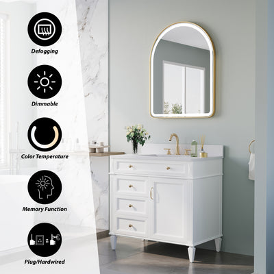 28 in. W x 36 in. H Arched Gold Framed LED Light Mirror, Wall Anti-Fog Bathroom Vanity Mirror