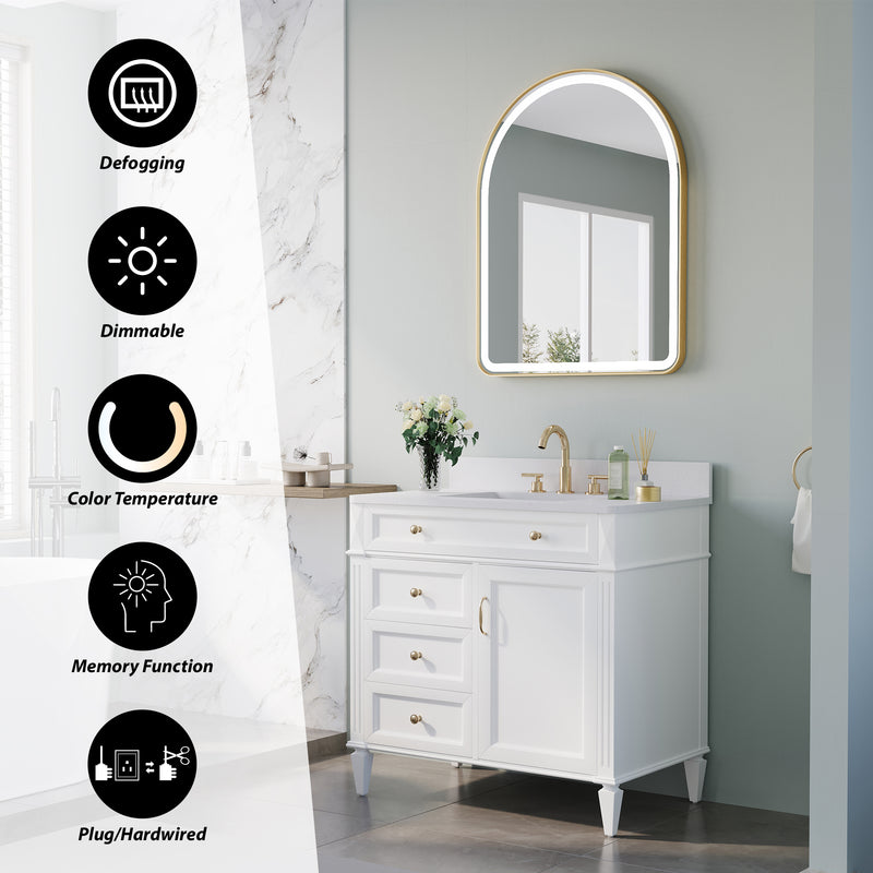 28 in. W x 36 in. H Arched Gold Framed LED Light Mirror, Wall Anti-Fog Bathroom Vanity Mirror