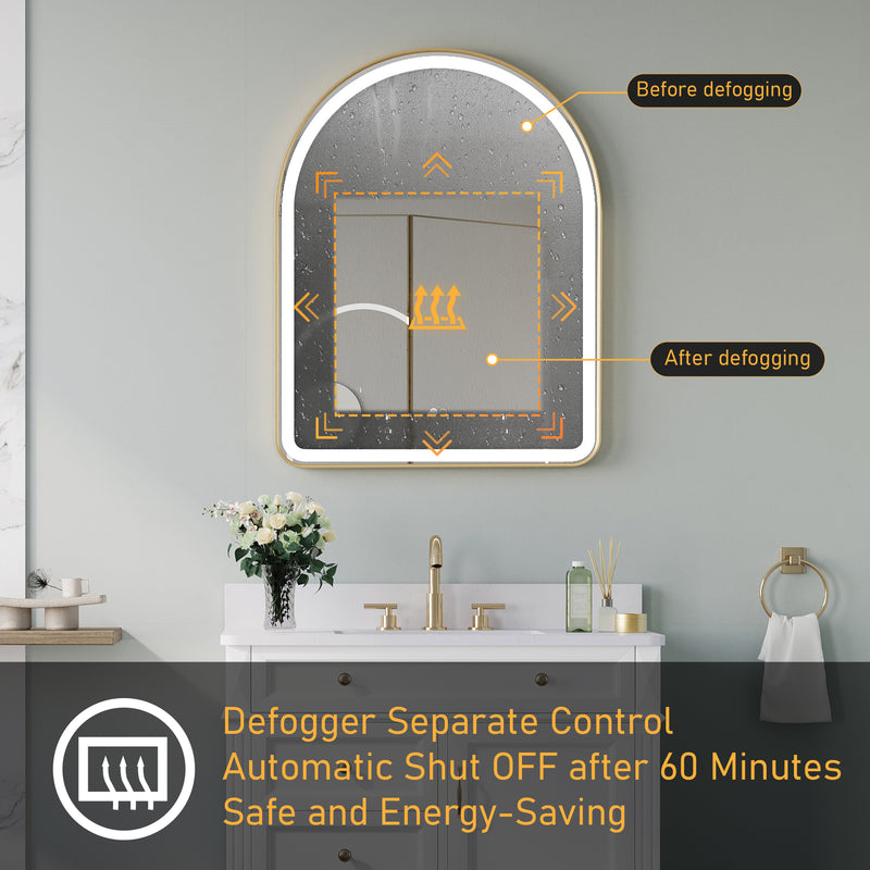 28 in. W x 36 in. H Arched Gold Framed LED Light Mirror, Wall Anti-Fog Bathroom Vanity Mirror
