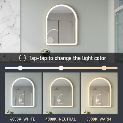 28 in. W x 36 in. H Arched Gold Framed LED Light Mirror, Wall Anti-Fog Bathroom Vanity Mirror