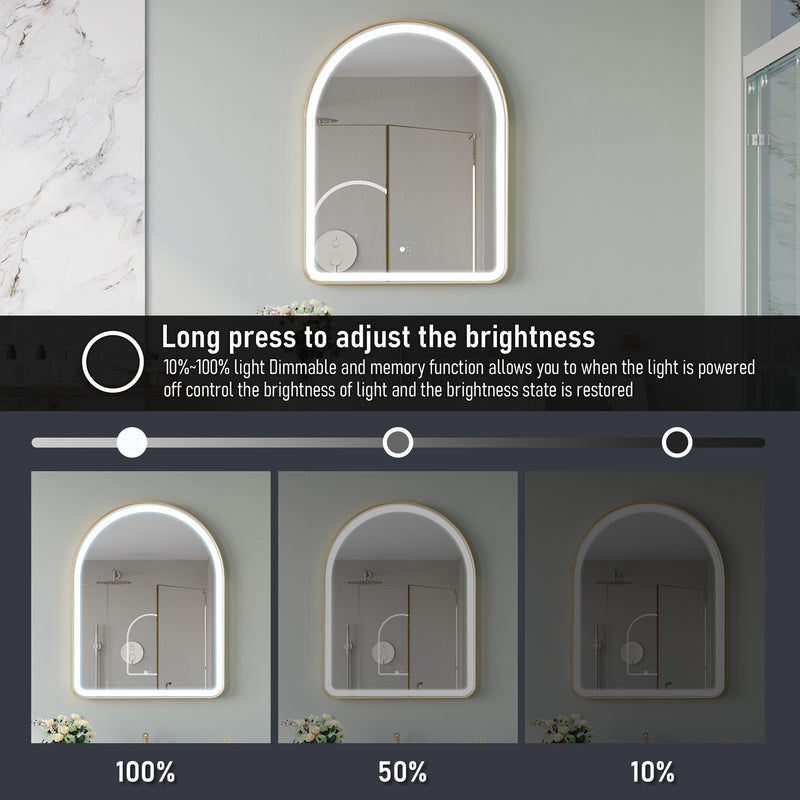 28 in. W x 36 in. H Arched Gold Framed LED Light Mirror, Wall Anti-Fog Bathroom Vanity Mirror