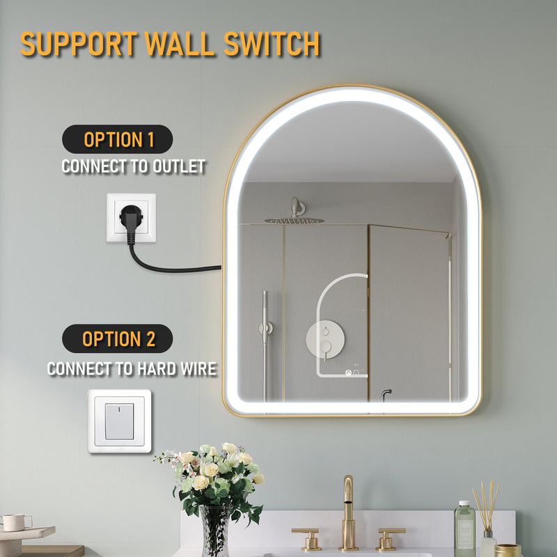 28 in. W x 36 in. H Arched Gold Framed LED Light Mirror, Wall Anti-Fog Bathroom Vanity Mirror