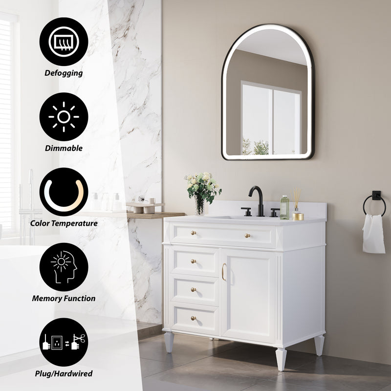 28 in. W x 36 in. H Arched Black Framed LED Light Mirror, Wall Anti-Fog Bathroom Vanity Mirror