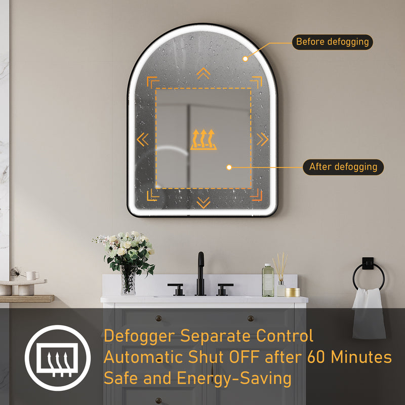 28 in. W x 36 in. H Arched Black Framed LED Light Mirror, Wall Anti-Fog Bathroom Vanity Mirror