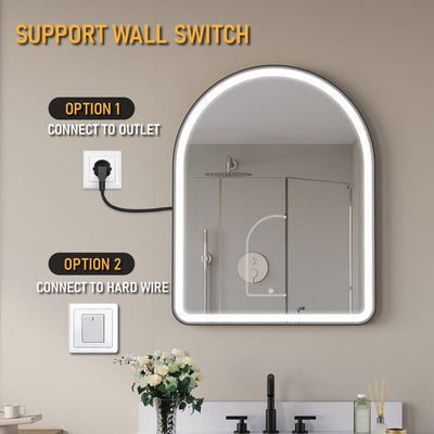 28 in. W x 36 in. H Arched Black Framed LED Light Mirror, Wall Anti-Fog Bathroom Vanity Mirror