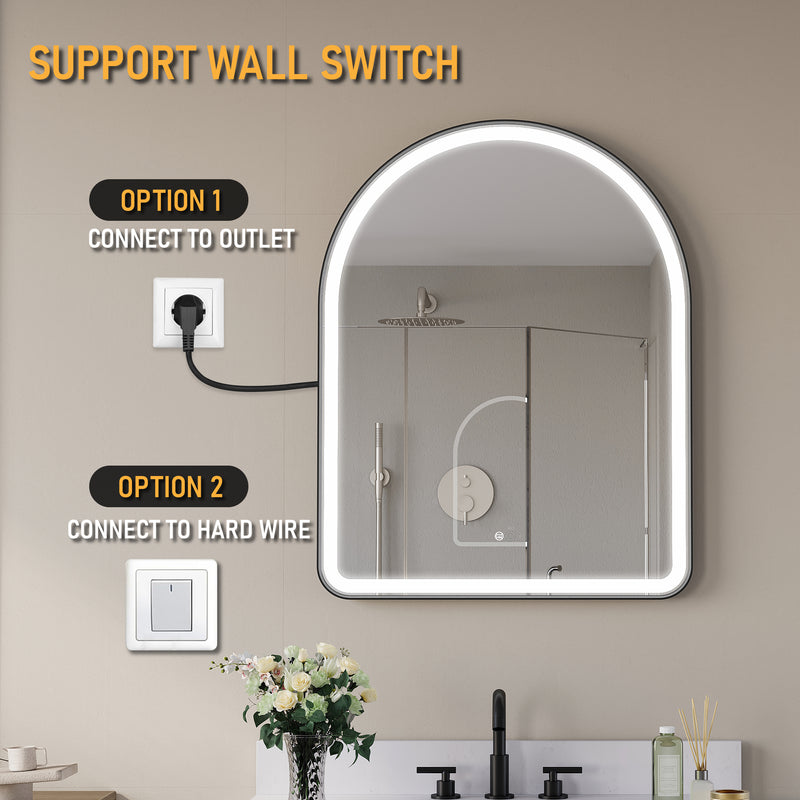 28 in. W x 36 in. H Arched Black Framed LED Light Mirror, Wall Anti-Fog Bathroom Vanity Mirror