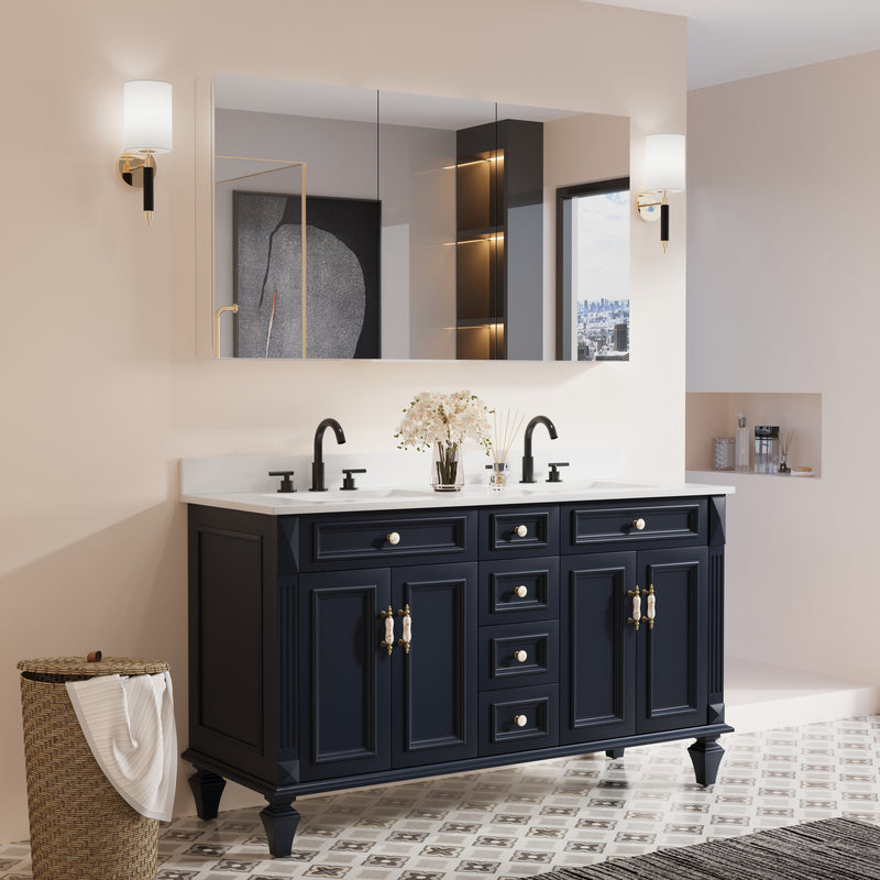 56 in. ×30 in. Copper-Free Tri-Views Mirror Medicine Cabinet with Adjustable Shelves and 3 Doors