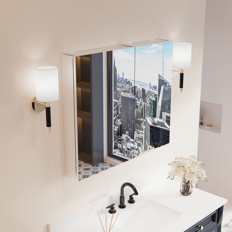 36 in. ×30 in. Copper-Free Tri-Views Mirror Medicine Cabinet with Adjustable Shelves and Dual Swing Doors