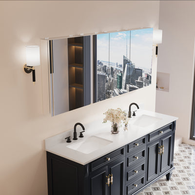 72 in. ×30 in. Copper-Free Tri-Views Mirror Medicine Cabinet with Adjustable Shelves and Dual Swing Doors