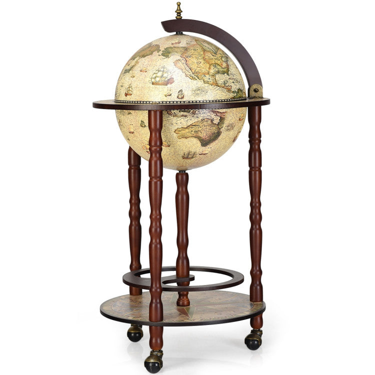 17 Inch Italian Style Design Wooden Globe Liquor Bottle Wine Rack with Wheels