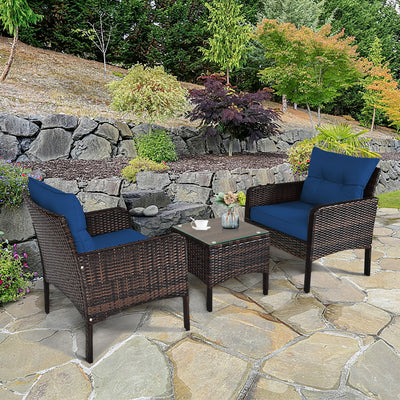 3 Pieces Outdoor Patio Rattan Conversation Set with Seat Cushions