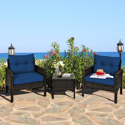 3 Pieces Outdoor Patio Rattan Conversation Set with Seat Cushions