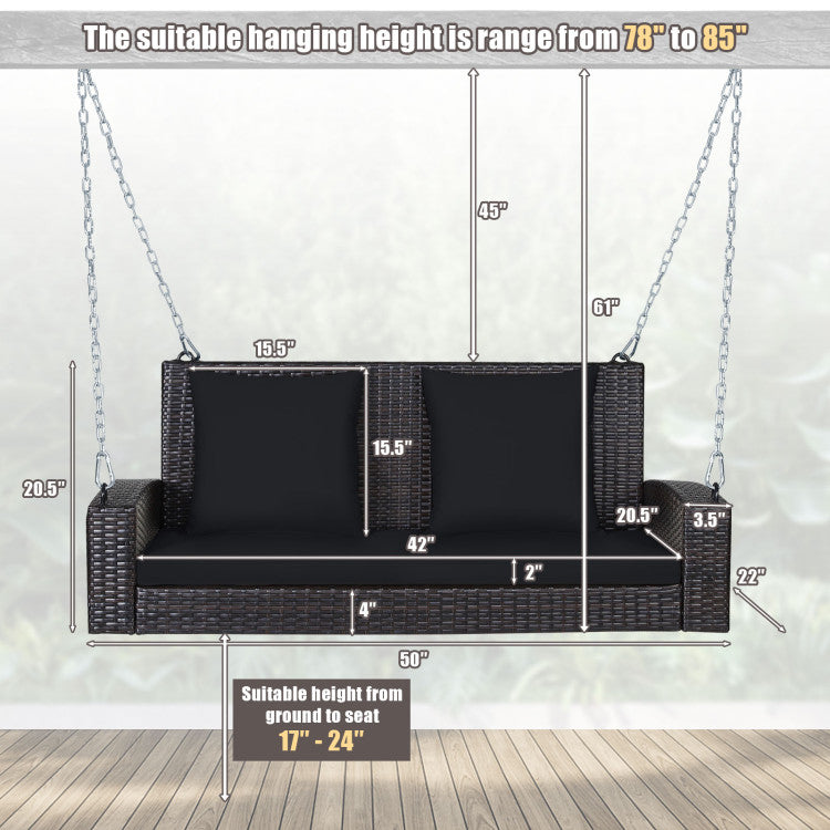 2-Person Wicker Hanging Porch Swing with 2 Back Cushions and 1 Seat Cushion
