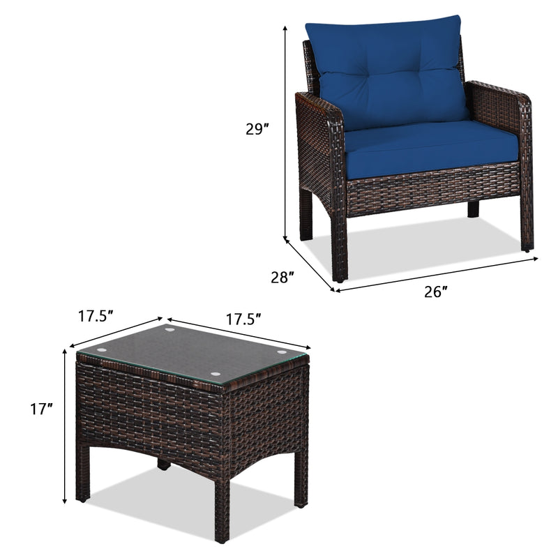 3 Pieces Outdoor Patio Rattan Conversation Set with Seat Cushions